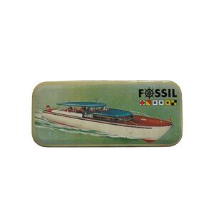 Vintage Fossil Tin Box With Classic Boat Graphic Model 501 1991 Collectors Decor